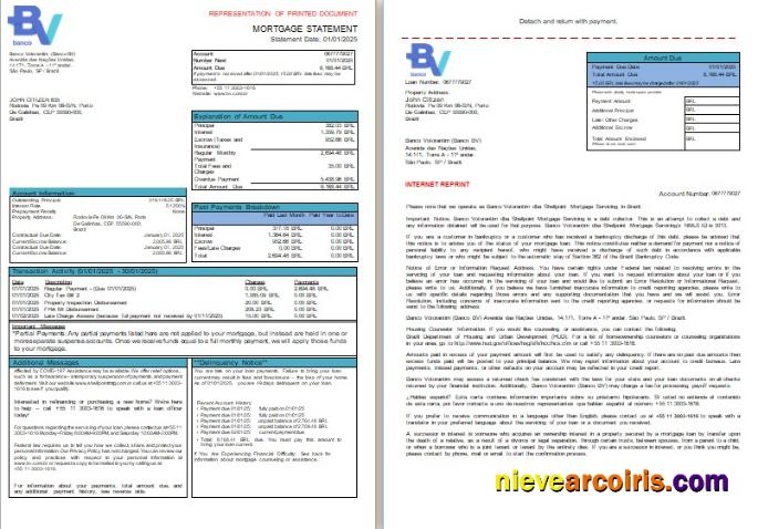 Brazil Banco Votorantim bank mortgage statement, 3 pages, 1-2